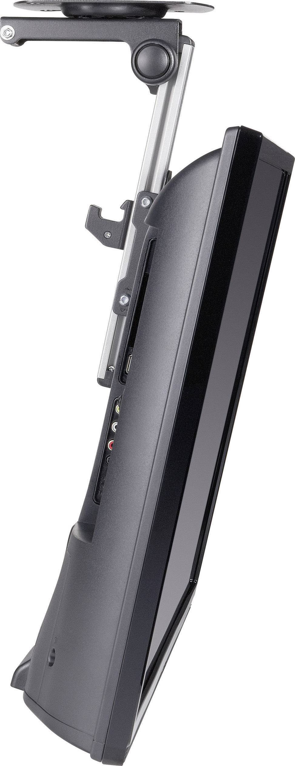 Veduta laterale di un monitor piatto nero montato su un supporto.