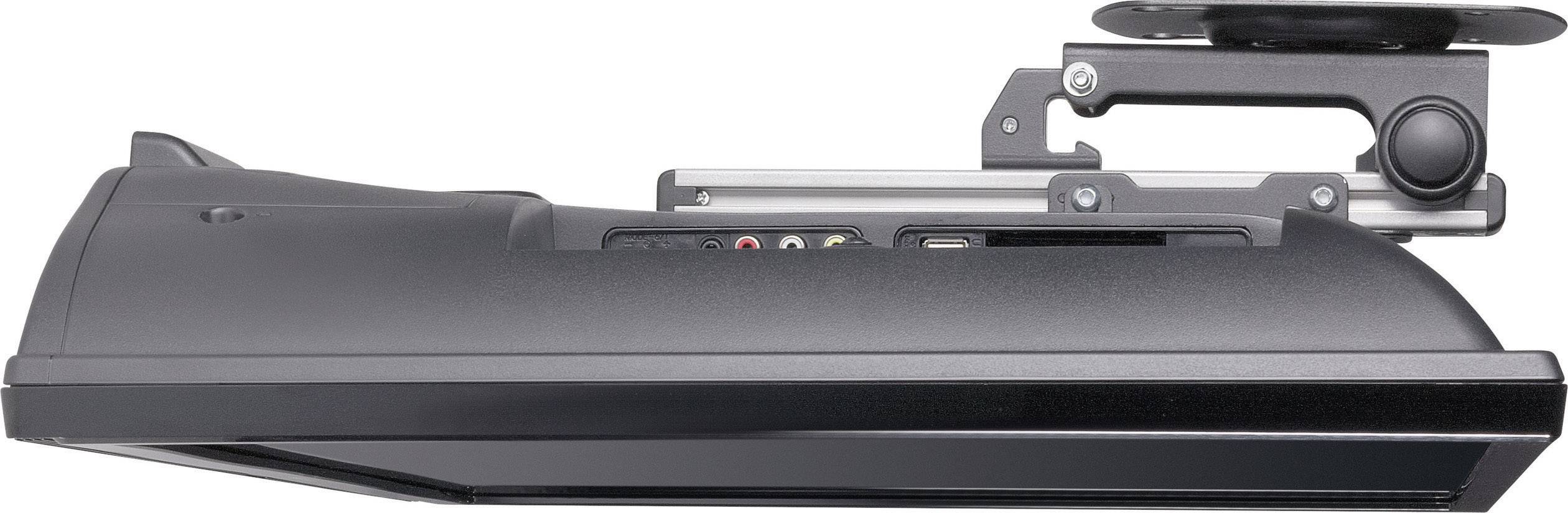 Vista laterale di un dispositivo elettronico con multiple porte di connessione e un braccio metallico montato nella parte superiore.