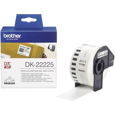Rotolo di etichette continuo 'Brother DK-22225', nero su bianco, per stampanti QL. La confezione mostra un suggerimento per etichette indirizzo.