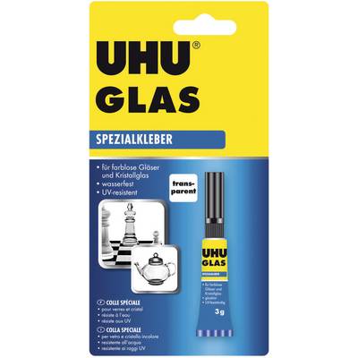 Confezione di un adesivo speciale per vetro. Contiene 'UHU Glas', impermeabile e resistente ai raggi UV. Adatto per vetri incolori e cristallo.
