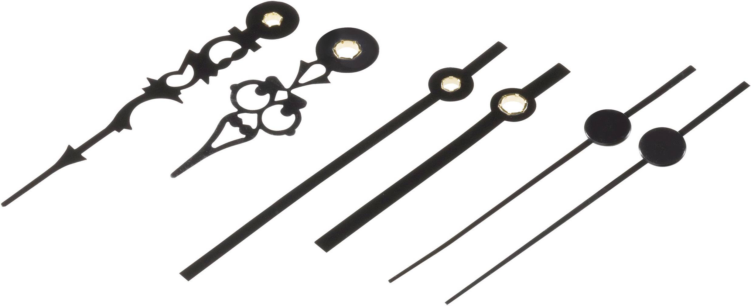 Cinque set diversi di lancette di orologi in stili e lunghezze differenti, disposti su uno sfondo bianco.