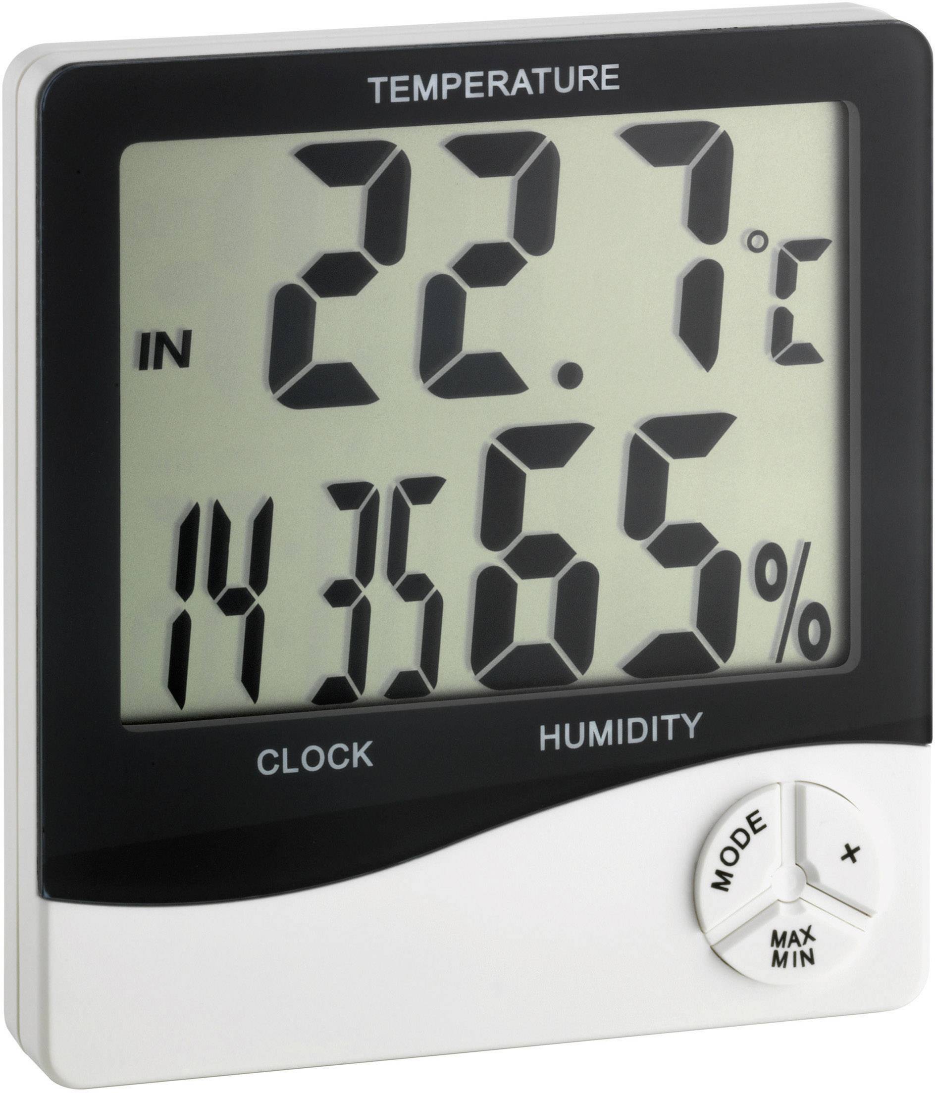 Termometro digitale mostra '22,7°C' e '65%' di umidità. Sotto, pulsanti per la modalità e le impostazioni Max/Min.