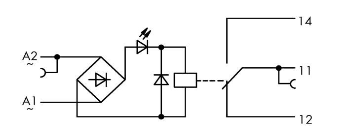 Schema di un circuito raddrizzatore con morsetti di connessione A1, A2, LED, diodo e relè con connessioni 11, 12, 14.