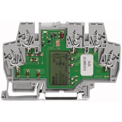 Blocco terminale elettrico grigio con scheda elettronica verde e morsetti a vite, idoneo per applicazioni industriali e cablaggi.