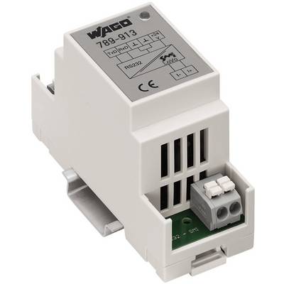 Un dispositivo elettronico con un involucro grigio, con etichetta sulla parte superiore che riporta 'Wago 789-913'. Adatto per il montaggio su guida DIN.
