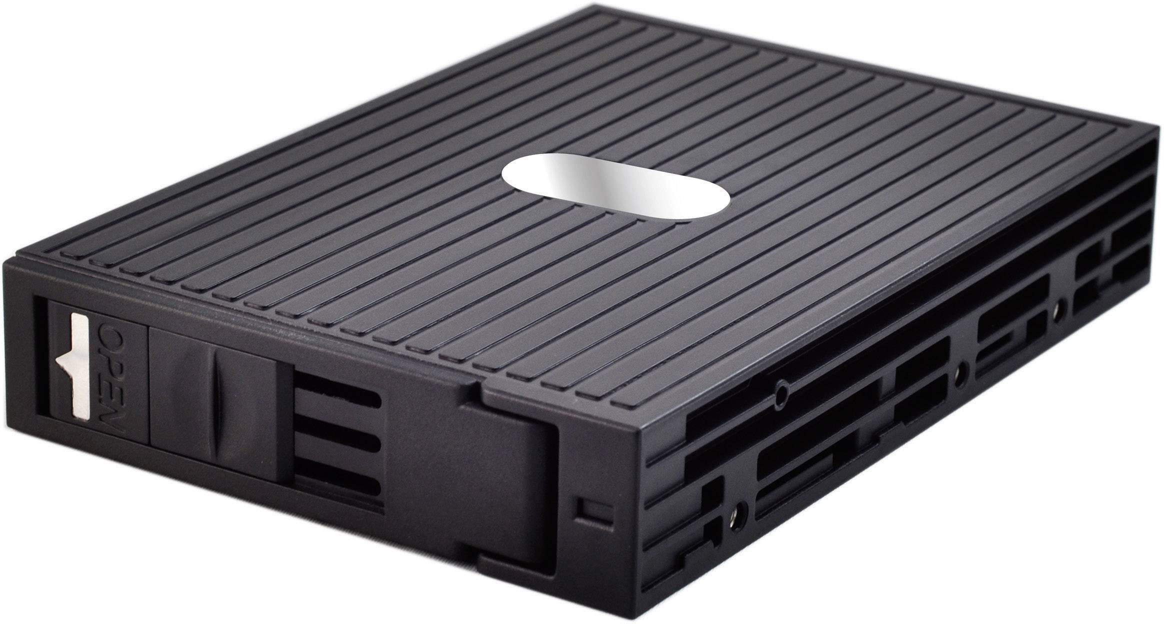 Cassetta nera con scanalature, simile a un'unità nastro, in forma rettangolare. Adatta per l'archiviazione dati, priva di marcature visibili.