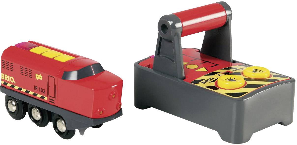 Locomotiva giocattolo rossa con telecomando, che rappresenta un giocattolo ferroviario adatto ai bambini. A sinistra la locomotiva, a destra il telecomando.