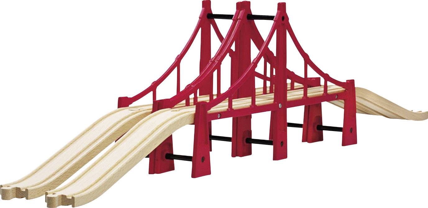 Ponte rosso in miniatura con due corsie, che ricorda un famoso ponte sospeso. È parte di un set di giocattoli in legno.