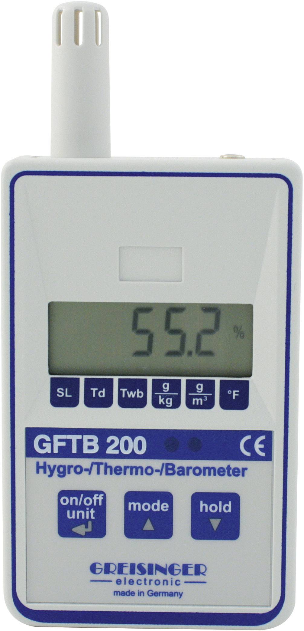 Dispositivo portatile di misurazione GFTB 200 con display che mostra '55,2%'. Misura umidità, temperatura e pressione atmosferica.