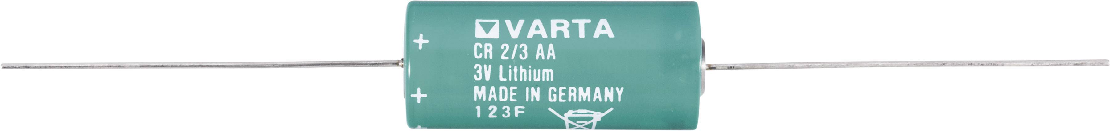 Una batteria verde cilindrica con la scritta 'VARTA CR 1/3 AA 3V Lithium, Made in Germany, 12-22', mostra i terminali positivo e negativo.