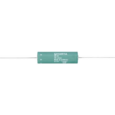 Condensatore elettrolitico assiale verde Varta con iscrizione 'VARTA CR 1/2AA 3V 950mAh' e 'Made in Germany'.