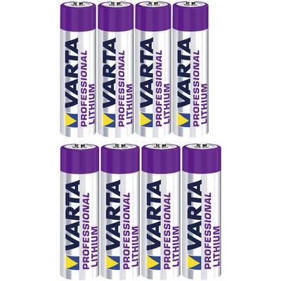 Otto batterie VARTA 'Professional Lithium' sono disposte in due file. Hanno un colore argenteo con parte superiore viola.