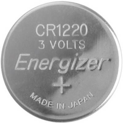 Una batteria a bottone rotonda color argento con la scritta 'CR1220 3 Volt Energizer, Made in Japan'.