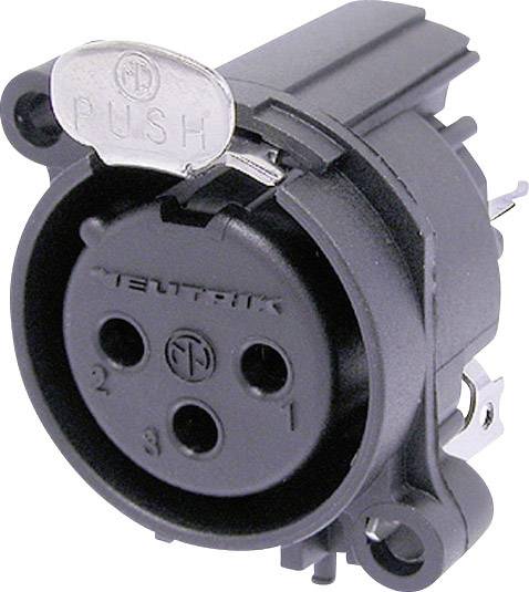 Connettore audio XLR maschio a 3 poli con involucro nero e scritta 'PUSH' su leva argentata in alto.