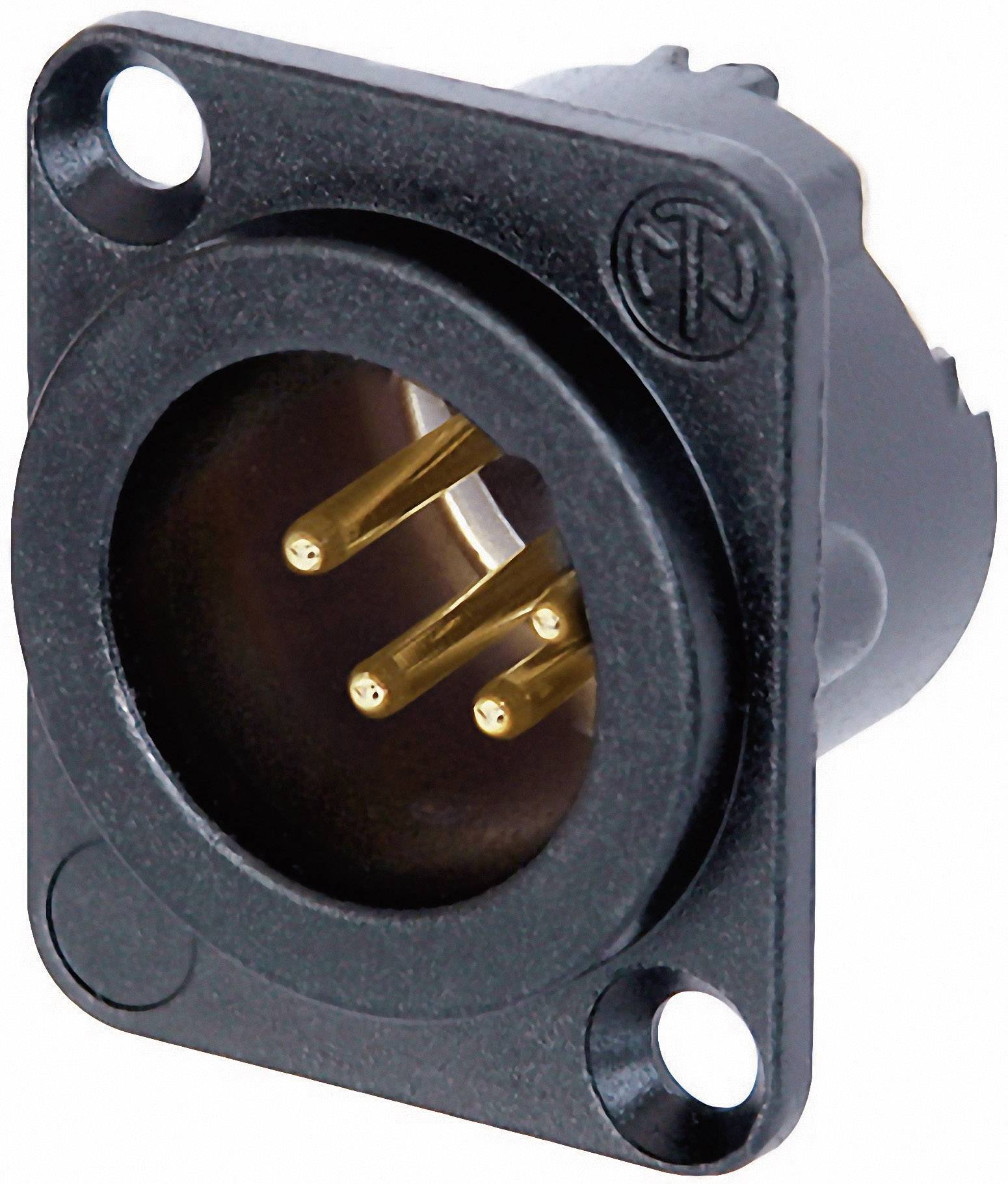 Connettore XLR nero, rotondo con tre pin dorati, idoneo per connessioni audio.