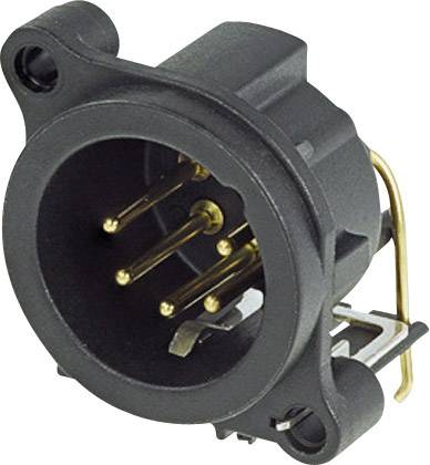 Un connettore nero, cilindrico, con diversi pin metallici dorati e due fori di montaggio.