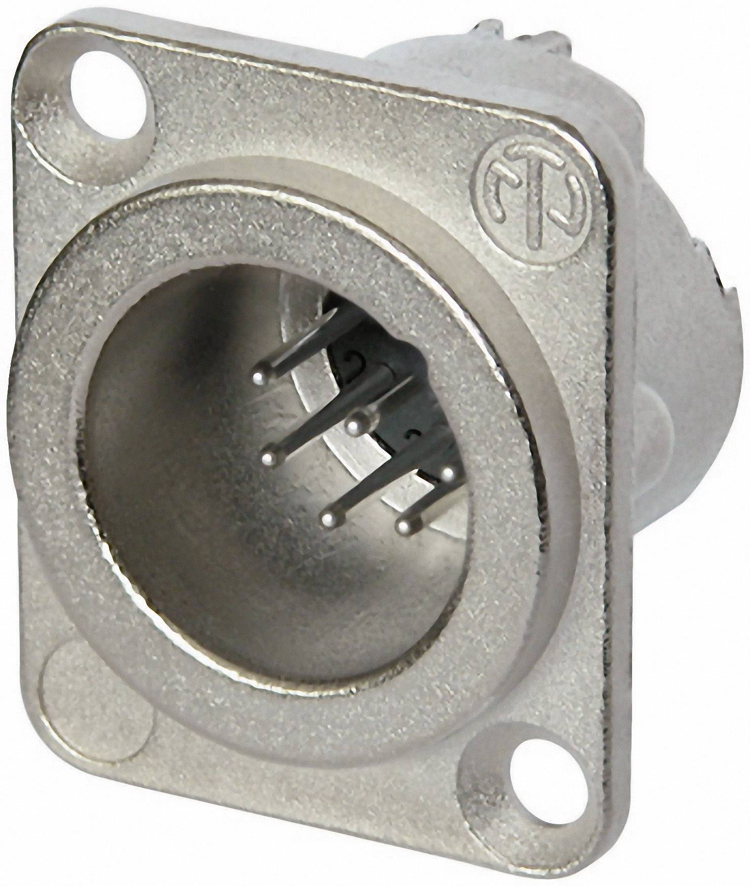 Connettore metallico circolare con quattro pin, adatto per connessioni audio o elettroniche.