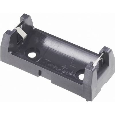 Un portabatteria nero in plastica per una singola batteria, con attacchi per i poli positivo e negativo alle estremità.