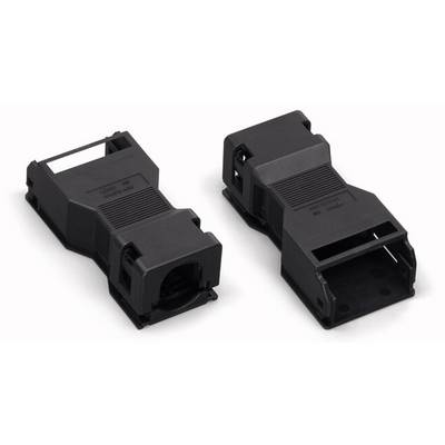 Due involucri di plastica nera utilizzati per connessioni di cavi Ethernet. Uno è mostrato dall'alto, l'altro dal lato.