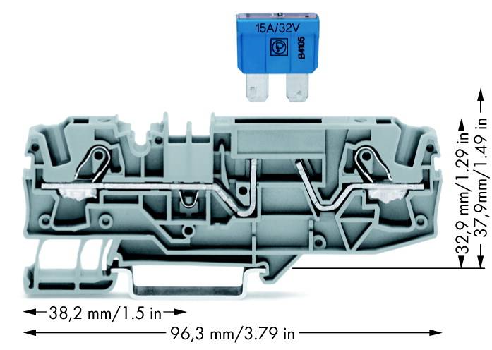 Un modulo di sicurezza elettrico blu-grigio con misure indicate. In alto è presente un fusibile blu contrassegnato con la scritta '15A/32V'.
