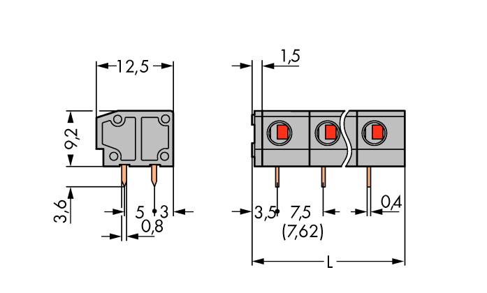 'Diagramma dei morsetti di connessione. Dimensioni: larghezza 12,5 mm, altezza 9,2 mm, profondità 3,6 mm. Distanza: 5 mm, 7,5 mm e 1,5 mm.'
