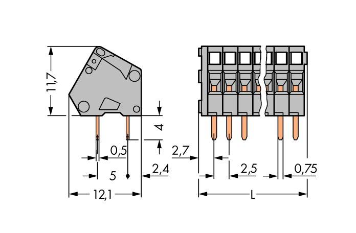 Disegno tecnico di un connettore elettrico con misure precise: altezza 11,7 mm, larghezza 12,1 mm; descrive le distanze e i diametri dei pin.