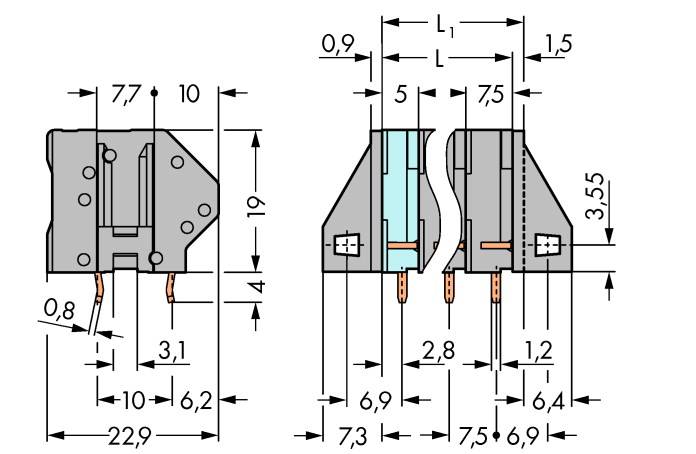 Disegno tecnico di un connettore con dimensioni: altezza 19 mm, larghezza 10 mm. Mostra vista frontale e laterale con misure dettagliate.