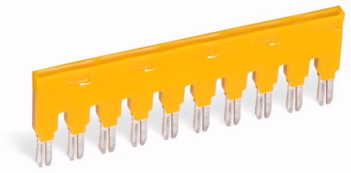 Pettine di ponte giallo con dodici spinotti metallici per il collegamento elettrico di componenti in sistemi di commutazione.