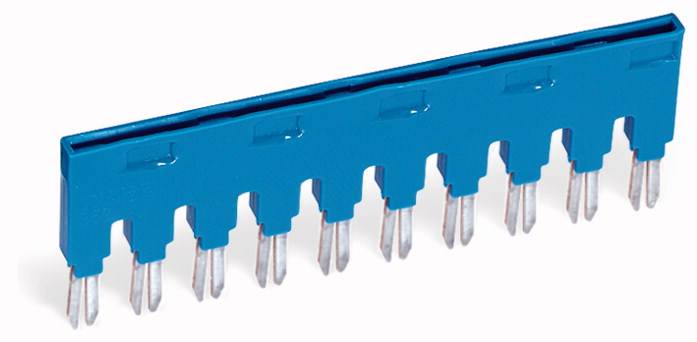 Ponte jumper elettrico blu con più pin per collegare circuiti in dispositivi elettronici.