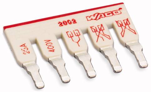 Componente ponte WAGO a cinque poli, contrassegnata con '25A 400V' e simboli che illustrano connessioni elettriche.