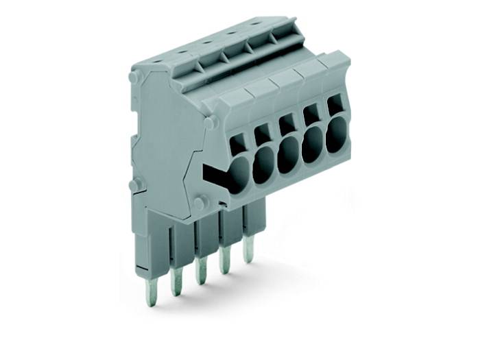 Un connettore elettrico grigio con sei pin e sei alloggiamenti rotondi, adatto per connessioni su circuito stampato.