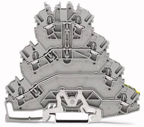 Un blocco di morsetti elettrici grigio a forma di triangolo con più connessioni.
