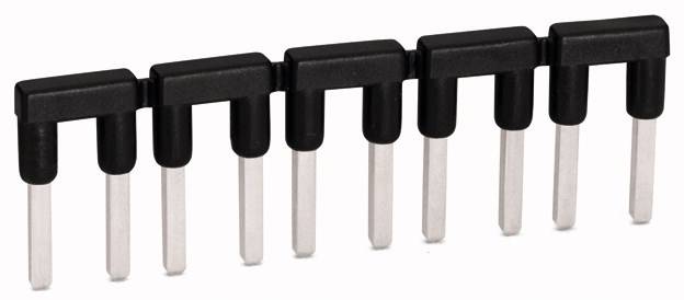Un jumper nero con sette ponticelli elettrici, utilizzato per collegare i pin su un circuito stampato.