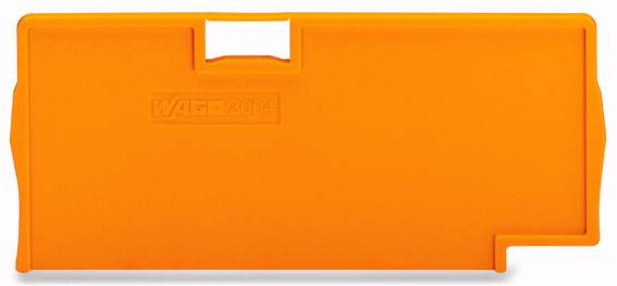 Copertura in plastica arancione di forma rettangolare con piccola rientranza in alto, con marchio 'WAGO 2004' impresso.