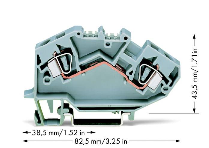 Una morsettiera elettrica grigia con dimensioni: 38,5 mm (1,52 pollici) di larghezza, 43,5 mm (1,7 pollici) di altezza, 82,5 mm (3,25 pollici) di lunghezza.