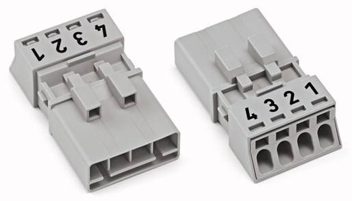 Connettori grigio-bianchi con numeri '4321' e '4321' sulla superficie superiore. Forma quadrata con morsetti multipli.