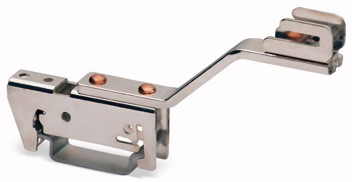 Clip metallico con asta curva e fori di fissaggio. Utilizzato per il fissaggio di componenti in applicazioni tecniche.