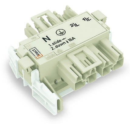 Un connettore elettrico bianco con la scritta 'N 1.5L', due slot e clip laterali.
