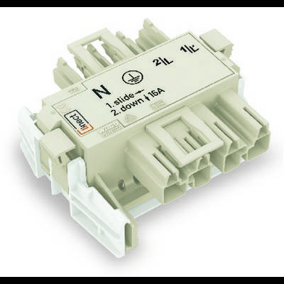 Un connettore elettrico bianco con la scritta 'N 1.5L', due slot e clip laterali.