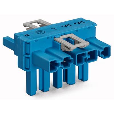 Un connettore elettrico blu con più morsetti e clip grigie, adatto per applicazioni tecniche o industriali.