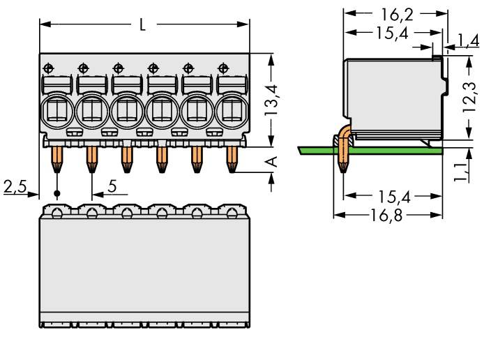 Disegno tecnico di un connettore elettrico con dimensioni specifiche in millimetri, vista dall'alto e laterale.