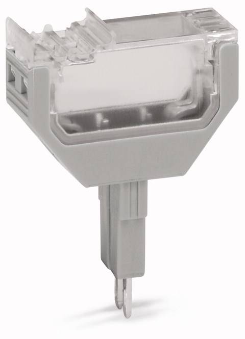 Un connettore grigio e trasparente con due spine metalliche, probabilmente per connessioni elettriche o dispositivi.