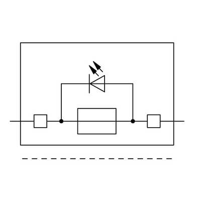 Schema elettrico di un componente elettronico con due blocchi rettangolari, un simbolo di diodo e linee di connessione che rappresentano il flusso di corrente.