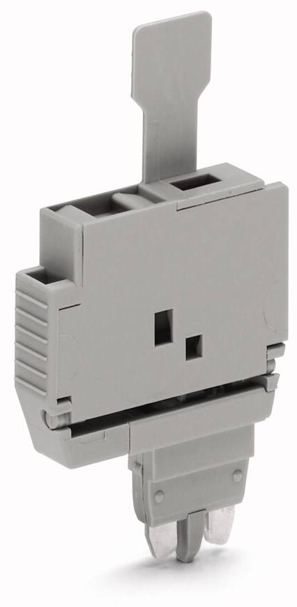 Adattatore grigio di forma rettangolare con una presa verticale superiore, idoneo per connessioni elettriche.