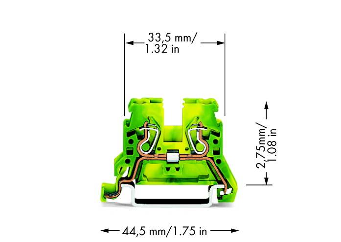 Connettore elettrico verde con dimensioni: larghezza 44,5 mm, altezza 33,5 mm, profondità 27,5 mm. Utilizzato per connessioni di cavi.