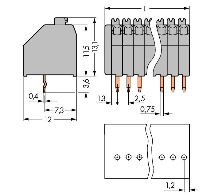 Connettore con profilo laterale e dimensioni. Pin: 5 pezzi, passo: 2,5 mm. Larghezza: 7,3 mm. Misure di altezza e lunghezza dettagliatamente rappresentate.