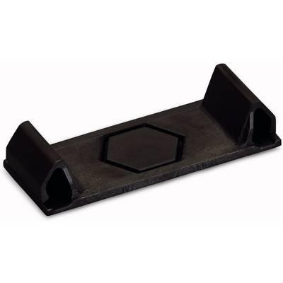 Un supporto in plastica nera con un incavo esagonale al centro, due supporti laterali e base piatta.
