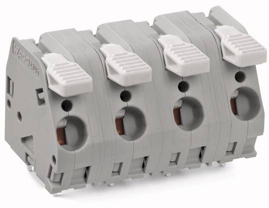 Un morsetto a innesto a quattro poli in plastica grigia con leve bianche, per il collegamento di conduttori elettrici.