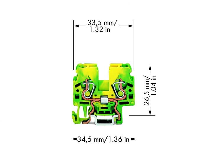 Un blocco di connessione elettrico giallo-verde con dimensioni 33,5 mm x 34,5 mm x 26,5 mm. Vista frontale con vista dettagliata dei contatti.
