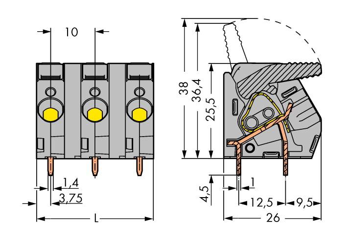 Disegno tecnico di un connettore a tre poli. A sinistra: vista frontale con dimensioni. A destra: vista laterale con contatti dei fili.